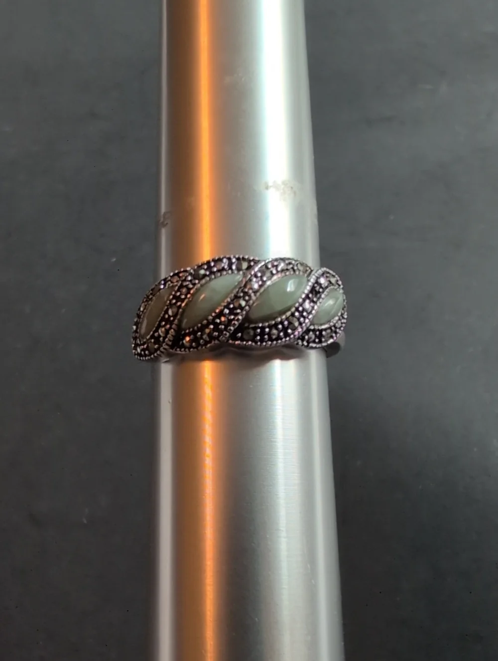 Vintage-Inspired Sterling Silver Ring with Pale Green Stones